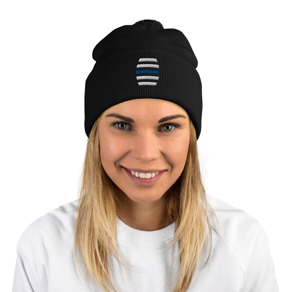 White Embroidered Pom-Pom Beanie